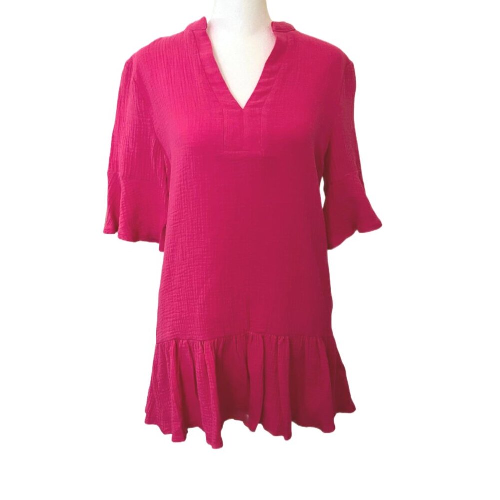 Gigi James Hot Pink Elbow Sleeve V-Neck Gauze Mini Dress / Long Top Size XS NWT